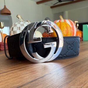 Gucci Black Embossed Belt with Silver Logo Buckle